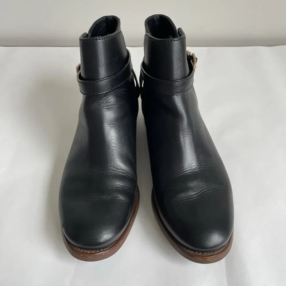 Tory Burch Black‎ Leather Harness Buckle Ankle Boots Size 8M Comfy Booties 5214